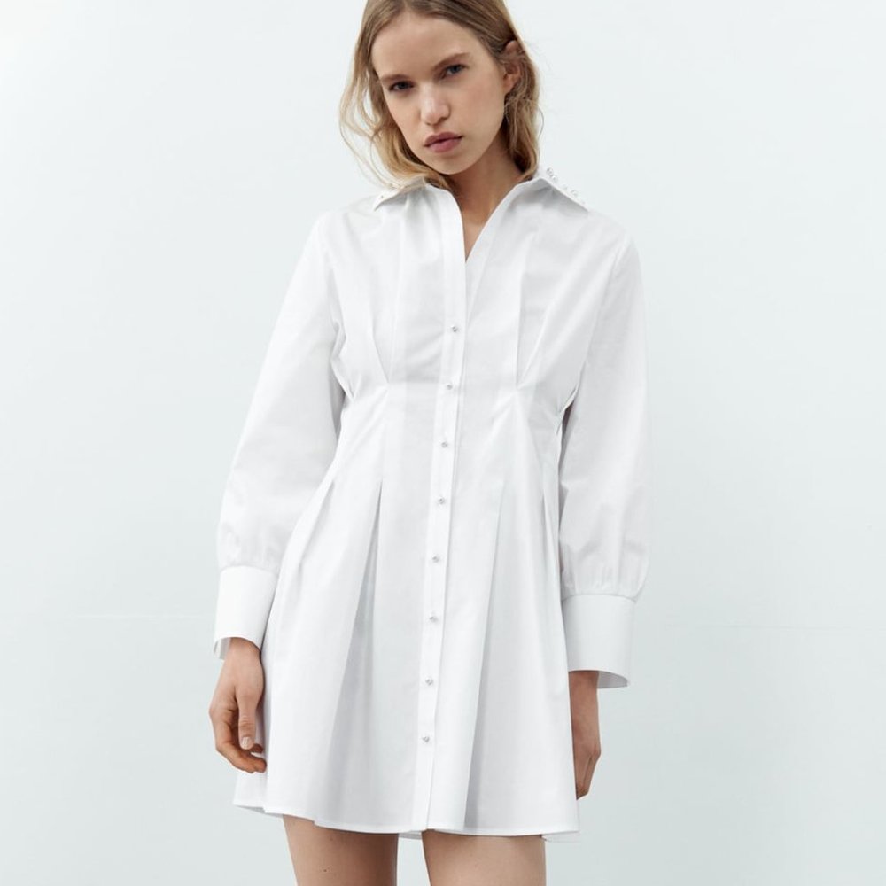 BNWT ZARA PEARL APPLIQUÉ POPLIN DRESS WHITE 2816/262 XS